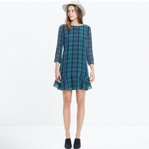 Madewell 100% Silk Plaid Dress - Blue and Green, Ruffle Hem, Size 2